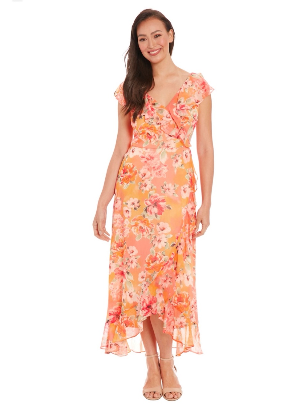 London Times Peach Floral High-Low Wrap Dress